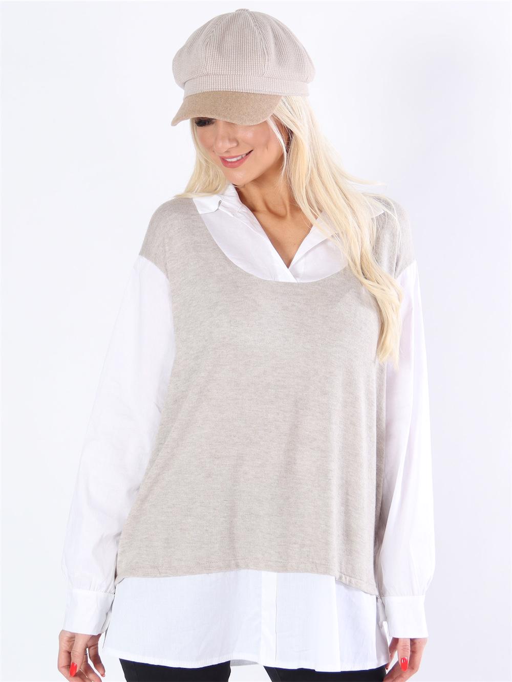 Tuva - Beigefarvet blød bluse med hvide skjortedetaljer